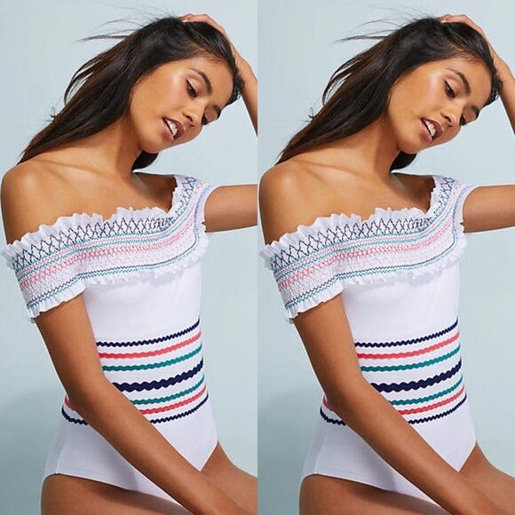 Red Carter Ipanema Smocked Off Shoulder Maillot - Picture 1 of 5